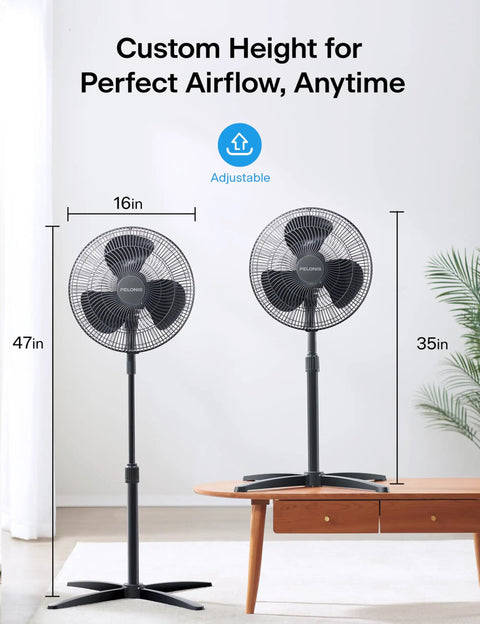 16 Inch Pedestal Floor Fan With 90 Degree Oscillation Three Speed Settings Adjustable Height for home use, black
