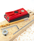 Pocket Hole Jig Set With Two Hole Jig Step Drill Bit Stop Collar Square Drive Bit Hex Key Adjustable Kit on wood surface
