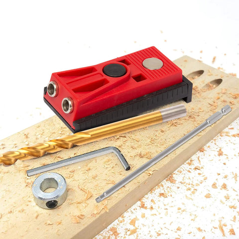 Pocket Hole Jig Set With Two Hole Jig Step Drill Bit Stop Collar Square Drive Bit Hex Key Adjustable Kit on wood surface