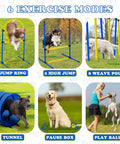 Dogs using jump ring, high jump, weave poles, tunnel, pause box, play ball in Backyard Dog Agility Course Set All In One Obstacle Kit