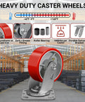 Heavy Duty Polyurethane Caster Wheels Set of 4 5x2 Inch Industrial Casters with 4000 lb Load Capacity, red tread