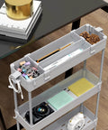 Gray Slim 4 Tier Storage Cart, Rolling Utility Organizer next to desk, showcasing stationery and small items in top tier.