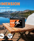 12V 150Ah LiFePO4 Battery With Built In 100A BMS 1920Wh on picnic table by lake, showing dimensions and weight