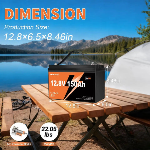 12V 150Ah LiFePO4 Battery With Built In 100A BMS 1920Wh on picnic table by lake, showing dimensions and weight