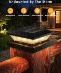 Super Sleek 4x4 Solar Post Cap Lights 12 Pack For Fences And Decks weatherproof solar light on wooden post in rain