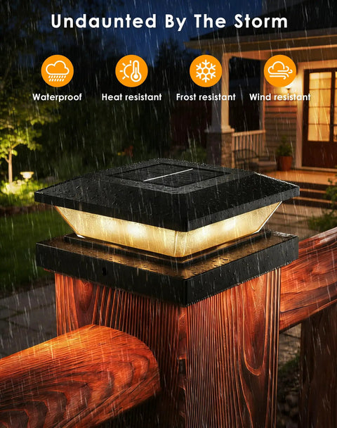 Super Sleek 4x4 Solar Post Cap Lights 12 Pack For Fences And Decks weatherproof solar light on wooden post in rain