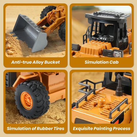 Close-up of RC Front Loader Construction Vehicle with alloy bucket, realistic cab, rubber tires, and detailed design.