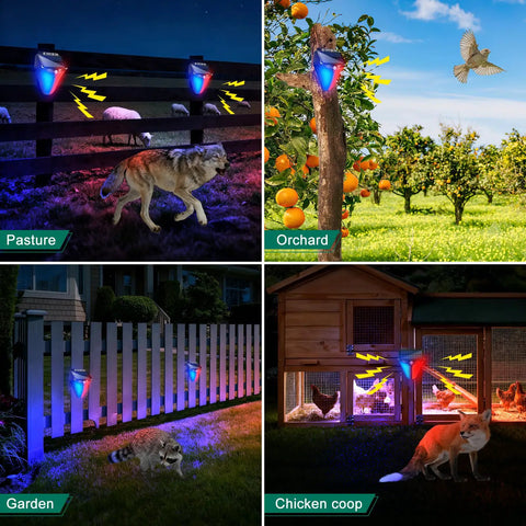 Solar Strobe Warning Lights With 90dB Alarm Outdoor 2 Pack illuminating pasture, orchard, garden, and chicken coop at night.