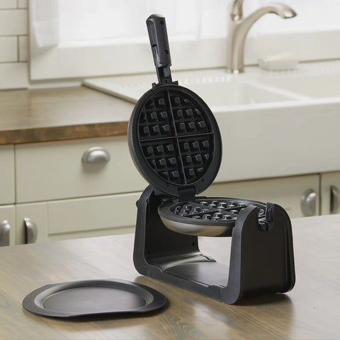 Four Slice Belgian Waffle Maker With Flip Feature For Evenly Cooked Waffles Cool Touch Locking Handle Silver Finish