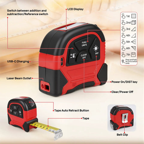2 In 1 Digital Laser Tape Measure With 196ft Laser Distance And 16ft Manual Tape USB Rechargeable For Long Distance Measuring On Job Sites Home Renovation And Warehouses, black red body
