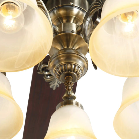 Close-up of 52 Inch Indoor Ceiling Fan with LED Light and Remote Control in New Bronze Finish, showcasing elegant light fixtures.