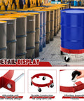 Two Pack Drum Dollies For 16 Gallon Drums Red Mobile Base With Four Swivel Casters, Heavy Duty Drum Cart Set For Buckets, Shops, Garages, Factories, And Warehouses, Easy Roll, Stable, Perfect For Moving Large Drums; red steel dolly under blue drum
