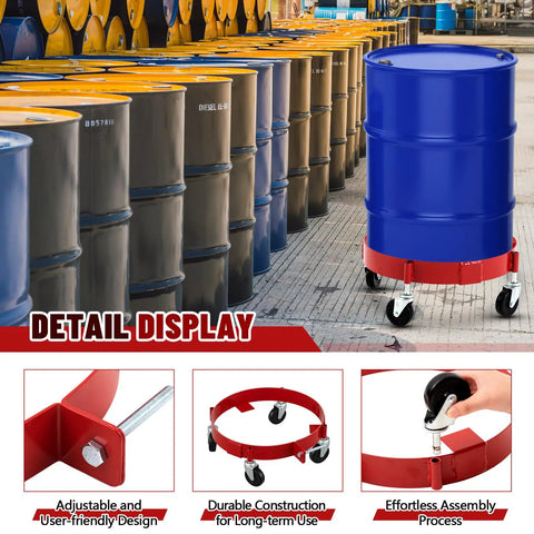 Two Pack Drum Dollies For 16 Gallon Drums Red Mobile Base With Four Swivel Casters, Heavy Duty Drum Cart Set For Buckets, Shops, Garages, Factories, And Warehouses, Easy Roll, Stable, Perfect For Moving Large Drums; red steel dolly under blue drum