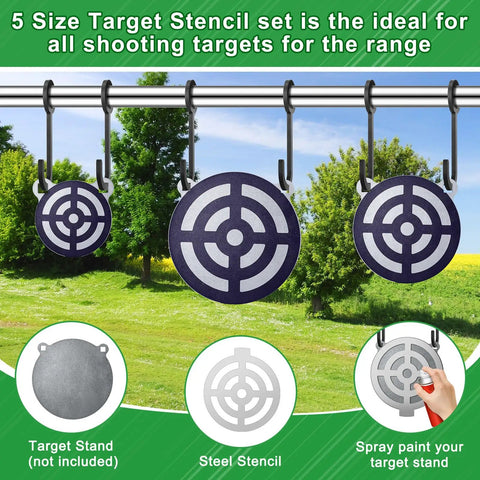 Five Piece AR500 Steel Target Set For Shooting, 3, 4, 6, 8, And 10 Inches Gong Targets With Stand Kit hanging outdoors