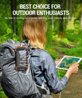 Hiker using 10,000mAh Solar Power Bank With Wireless Charging And 20W USB C Fast Charge on backpack in forest with tablet