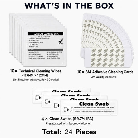 Top Shelf Printer Cleaning Kit For ID Card Printers Packs Four Printhead Swabs Ten Adhesive Cards And Fresh Wipes To Keep Your Gear Running Smooth And Absolute Zero Sweat Guaranteed contents displayed including wipes, swabs, and cards.