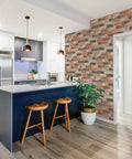 Rust Reclaimed Brick Wallpaper Roll for Loft Vibes with Distressed Orange Black Brown Bricks Pattern in modern kitchen.