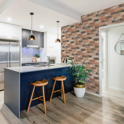 Rust Reclaimed Brick Wallpaper Roll for Loft Vibes with Distressed Orange Black Brown Bricks Pattern in modern kitchen.