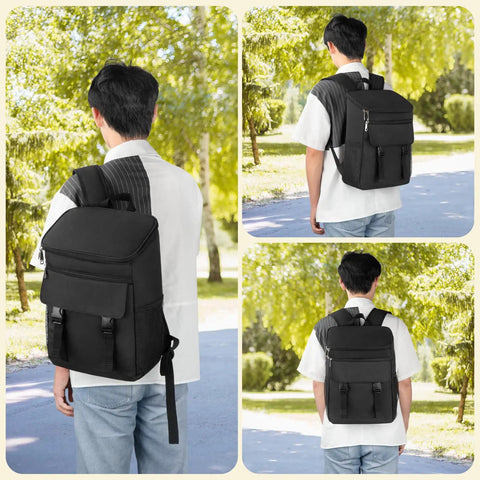 Man wearing Insulated Leak Proof Cooler Backpack For All Day Munchies And Drinks Keep Food Cold Or Hot For 8 To 20 Hours 30 40 50 Can Capacity