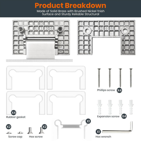 Heavy Duty 90 Degree Frameless Shower Door Hinges For Glass Fits 1/4 To 1/2 Inch Thick Panels Brushed Nickel Wall Or Cabinet Mount Stainless Steel Self Closing Design 2 Pack Replacement Parts; hardware kit with screws and gaskets