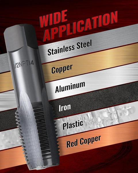 6 Piece NPT Pipe Tap Set For One Inch, Three Quarters, One Half, Three Eighths, One Quarter, And One Eighth Inch Taps, High Carbon Chrome Steel Hand Threading Plumbing Tools For Clean Accurate Threads, DIY Ready; close-up of tap on materials.