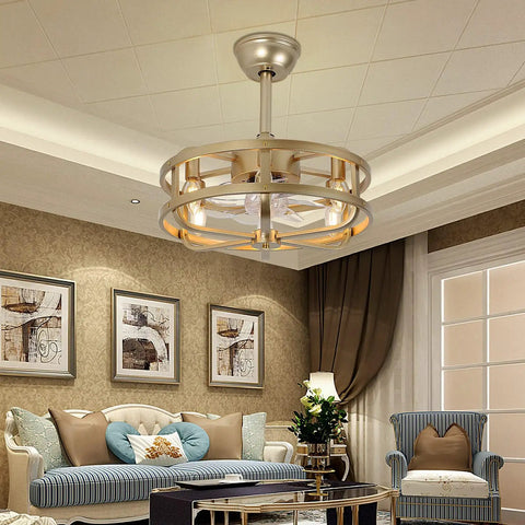 Dope 18 Inch Gold Cage Ceiling Fan With Light Remote Control Fandelier in living room, vintage and industrial style, low profile design
