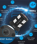 Beefy Power Strip Tower With Eight Outlets And Four USB Ports 3000W 15A Heavy Duty surge protection features highlighted