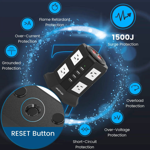 Beefy Power Strip Tower With Eight Outlets And Four USB Ports 3000W 15A Heavy Duty surge protection features highlighted