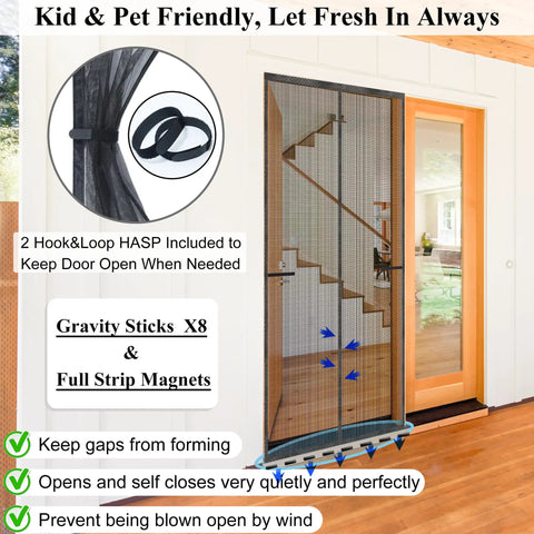 Upgraded Magnetic Screen Door With Full Strip Magnets Heavy Duty Fiberglass Mesh over sliding door, showing installation and features