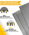 Image showing saw blades with dual- and triple-ground teeth for the 4-Piece Miter Box And Saw Set With A 3.95 Inch By 12 Inch Extra-Wide Miter Box And Three Saws For Heavy-Duty Cuts, Includes Saw For Precise Miter And Bevel Cuts In Woodworking And DIY Projects. Blades depicted with 10TPI double-ground teeth for coarse cutting and 14 & 17TPI triple-ground teeth for smooth cuts.