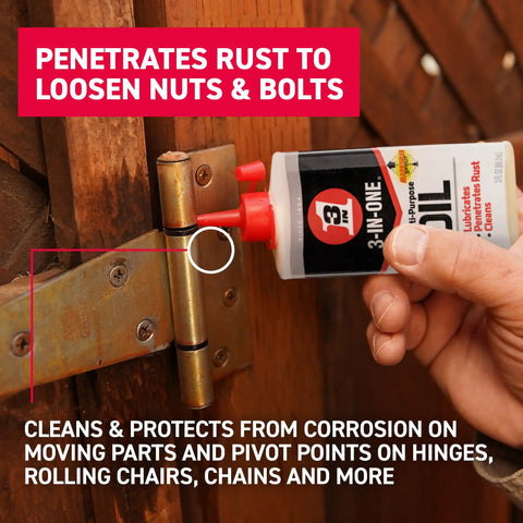Go To All Purpose Lubricant Oil 3 Oz Squeeze Bottle Pack Of 2 being applied to rusted hinge for lubrication and rust removal