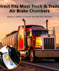 Bold red semi truck with inset image of a brake cage bolt, displaying direct fit capability for air brake chambers.