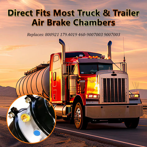 Bold red semi truck with inset image of a brake cage bolt, displaying direct fit capability for air brake chambers.