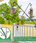 28 inch Deck Hook Railing And Fence Mount with bird feeder and 360-degree rotating mechanism on a white railing