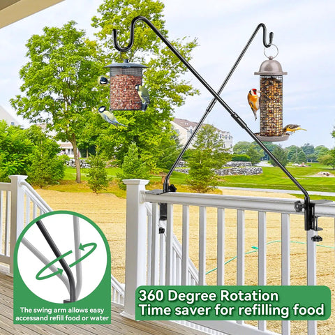 28 inch Deck Hook Railing And Fence Mount with bird feeder and 360-degree rotating mechanism on a white railing