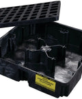 Modular Drum Spill Platform With Drain, Heavy Duty Workhorse Containment Tray, 26.25 x 26 x 6.5 Inches, Black, showing open tray