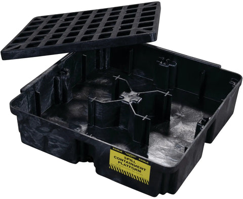 Modular Drum Spill Platform With Drain, Heavy Duty Workhorse Containment Tray, 26.25 x 26 x 6.5 Inches, Black, showing open tray