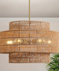 Large Handwoven Rattan Chandelier For Dining Room Boho Chic Pendant Light With Gold Plated Cylinder Rod casting warm light from woven rattan.