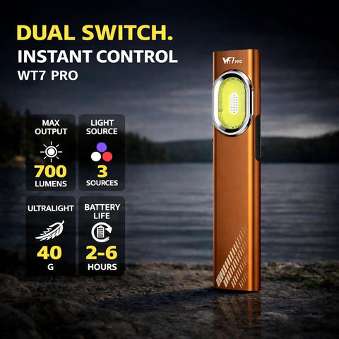 Ultra Thin Rechargeable Flashlight 700 Lumen Slim Magnetic Work Light With COB Side Light UV Light USB C Pocket EDC Flashlight in orange