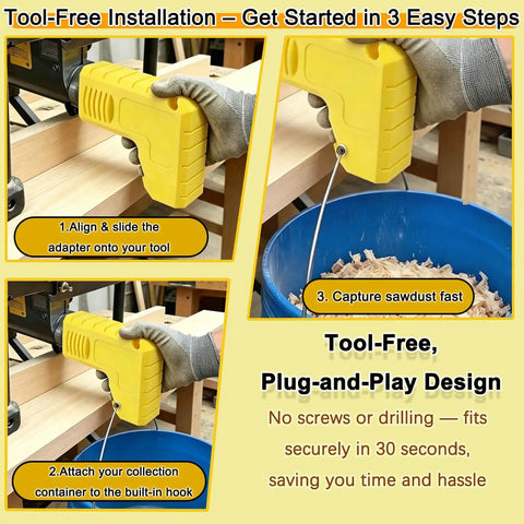 Tool-free installation steps for Table Saw Dust Collector Adapter 2.5 Inch Connector Dewalt Compatible With Dust Bag Built In Bag Hook