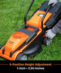Person adjusting Cordless 13-Inch Lawn Mower With 24V Max Power, Two 4.0Ah Batteries And Charger, No-Fuss One-Touch Height Adjustment