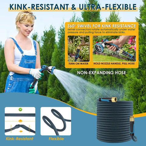 Non Expandable 75 Ft Garden Hose With 10 Function Spray Nozzle Lightweight No Kink Water Hose Durable Leak Proof Construction 360 Degree Swivel Connectors Portable Storage Strap For Easy Yard Cleanup used in garden watering
