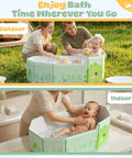 No Sweat Portable Folding Toddler Bathtub Equipped With Reliable Temperature Indicator Sticker And Swift Side Drain Valve For Effortless Rinsing And Compact Home Use displayed in indoor and outdoor settings with parents bathing toddlers.
