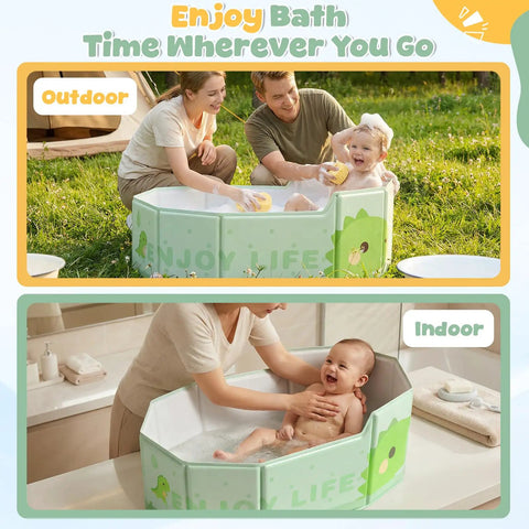No Sweat Portable Folding Toddler Bathtub Equipped With Reliable Temperature Indicator Sticker And Swift Side Drain Valve For Effortless Rinsing And Compact Home Use displayed in indoor and outdoor settings with parents bathing toddlers.