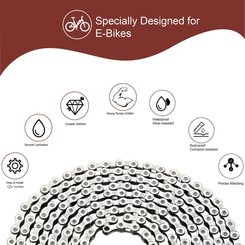 Heavy Duty E Bike Chain Kit For 6 7 8 Speed With 136 Links Built Tough High Tensile Strength Anti Break Anti Corrosion And Anti Rust Drive Chain Includes Chain Pliers With Hooks Chain Remover And Two Pairs Quick Release Buckles. 136-link carbon steel chain for e-bikes