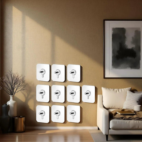 No Drill Wall Hooks Heavy Duty Adhesive Hangers For Kitchen, Bathroom And Home, Damage Free Picture Hanging, 10 Pack With Removable Non Marking Tape, Strong Grip For Towels, Coats, Bags And More white hooks on wall in living room
