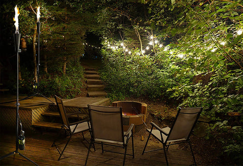 Outdoor Propane Tiki Torch 71 Inch Tall Long Burning Flame Portable Yard And Patio Lighting For Pathways Poolside Garden And Deck Ambiance That Turns Any Space Into A Dope Chill Paradise on a garden deck setting.