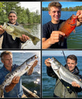 Four anglers showing their catches; bass, sunfish, and trout, by a lake, ideal for use with 120 Piece EWG Worm Hook Set For Bass Fishing.