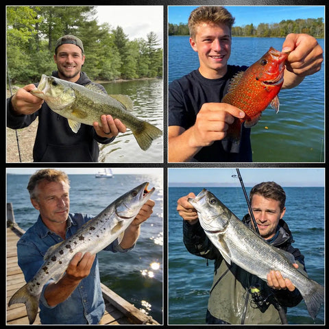 Four anglers showing their catches; bass, sunfish, and trout, by a lake, ideal for use with 120 Piece EWG Worm Hook Set For Bass Fishing.