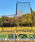Baseball And Softball Pitching Screen L Screen 7x7 Ft With Beefed Up Frame Heavy Duty Pitcher Protection Net installed on grass